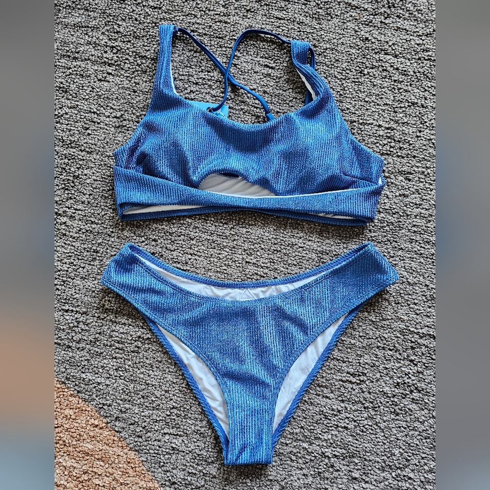 Cupshe Blue Ribbed Bikini Set